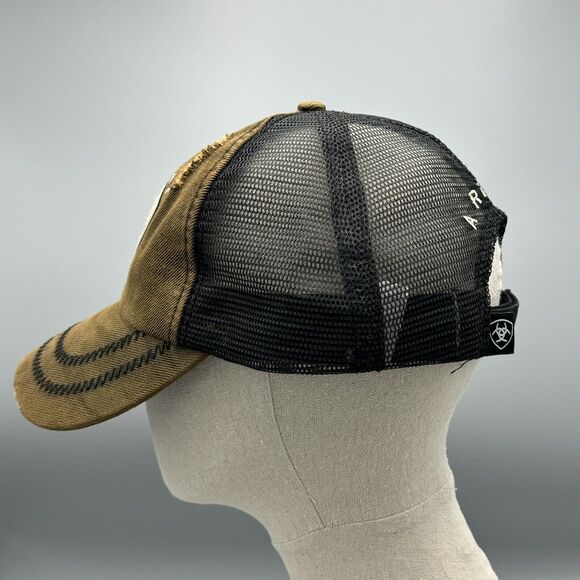 Distressed Ariat Brown Black Baseball Truckers Mesh Hat Adjustable Strap Western - Picture 8 of 12